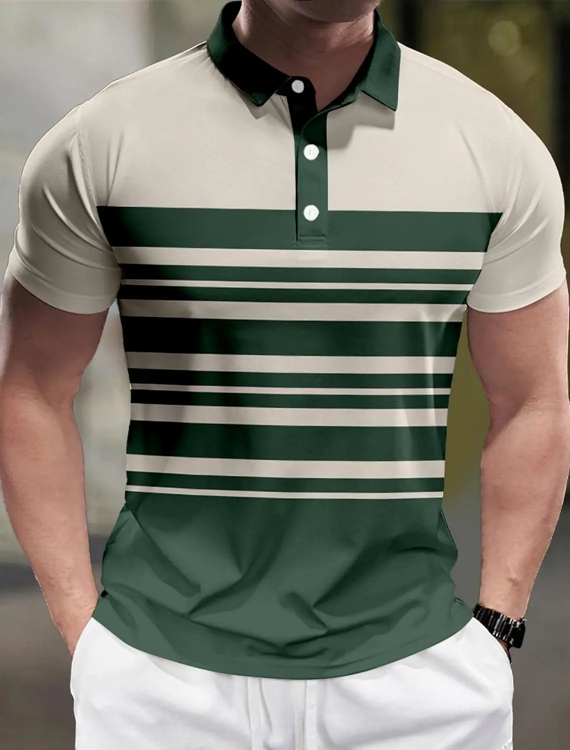 Striped Men\'s Business Casual 3D Polo Shirt Street Polyester Short Sleeve Turndown Polo Shirts Micro-elastic Lapel Polo Summer