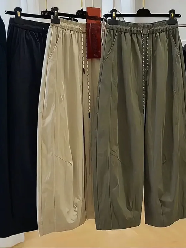 

Повседневные брюки с высокой талией, женская тонкая эластичная талия, рабочая одежда, модная осенне-весенняя сезонная футболка больших размеров с прямыми штанинами...