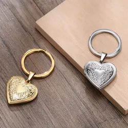 Gold Color Heart Keychain, Photo and Text Engraved, Stainless Steel Charm Keyring Mother's Day Gift