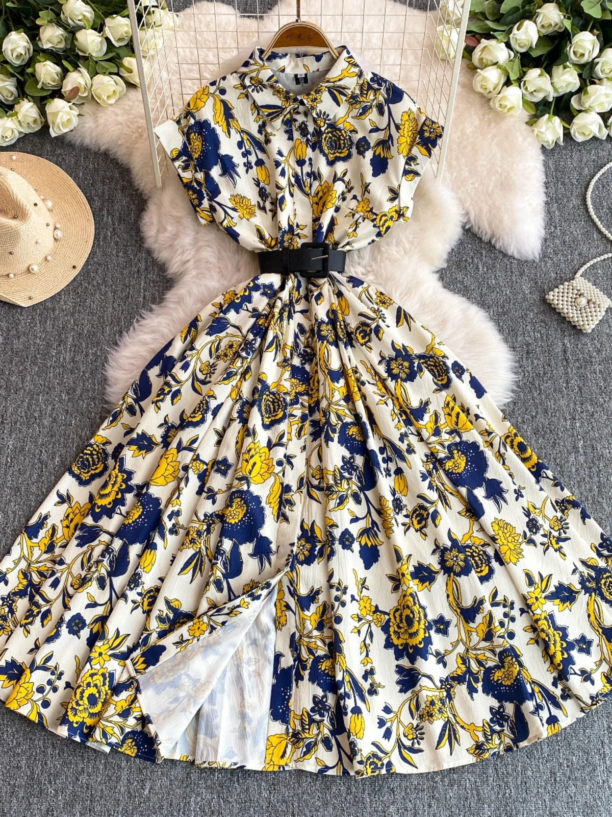 Ele Summer 2025 Stampa floreale Midi Dr Colletto rovesciato ort Sve Abito a trapezio a vita alta Gonna svasata vintage da donna