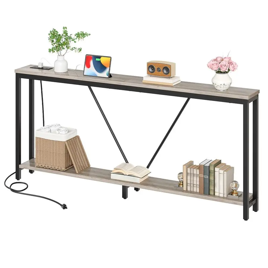 

70.9 Extra Long Sofa Console Table with Charging Station, 2Tier Behind Couch Table with VBrace, for Narrow Entryway, Hallway, Li