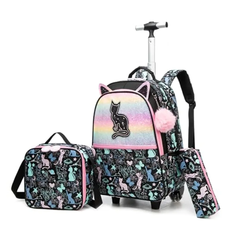 

Cute Cat Rolling Backpack for Girls Backpacks with Wheels for Elementary Students 3 in 1 Carry on Travel Luggage Suitcase with