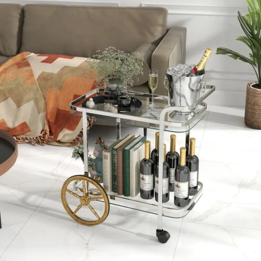 Chariot de barre en verre trempé à 2 niveaux avec 2 grandes roues en aluminium et 2 roulettes