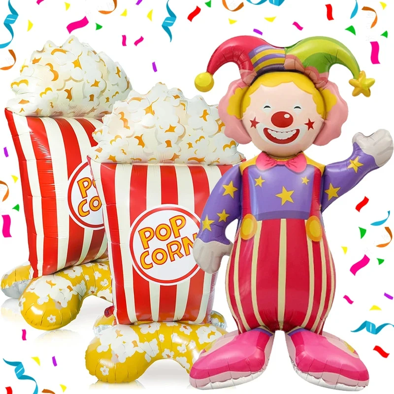 Riesiger stehender Popcorn-Ballon, lächelnder Clown-Folienballon für Zirkus-Karneval-Themenparty, Geburtstag, Weihnachtsdekoration, Zubehör