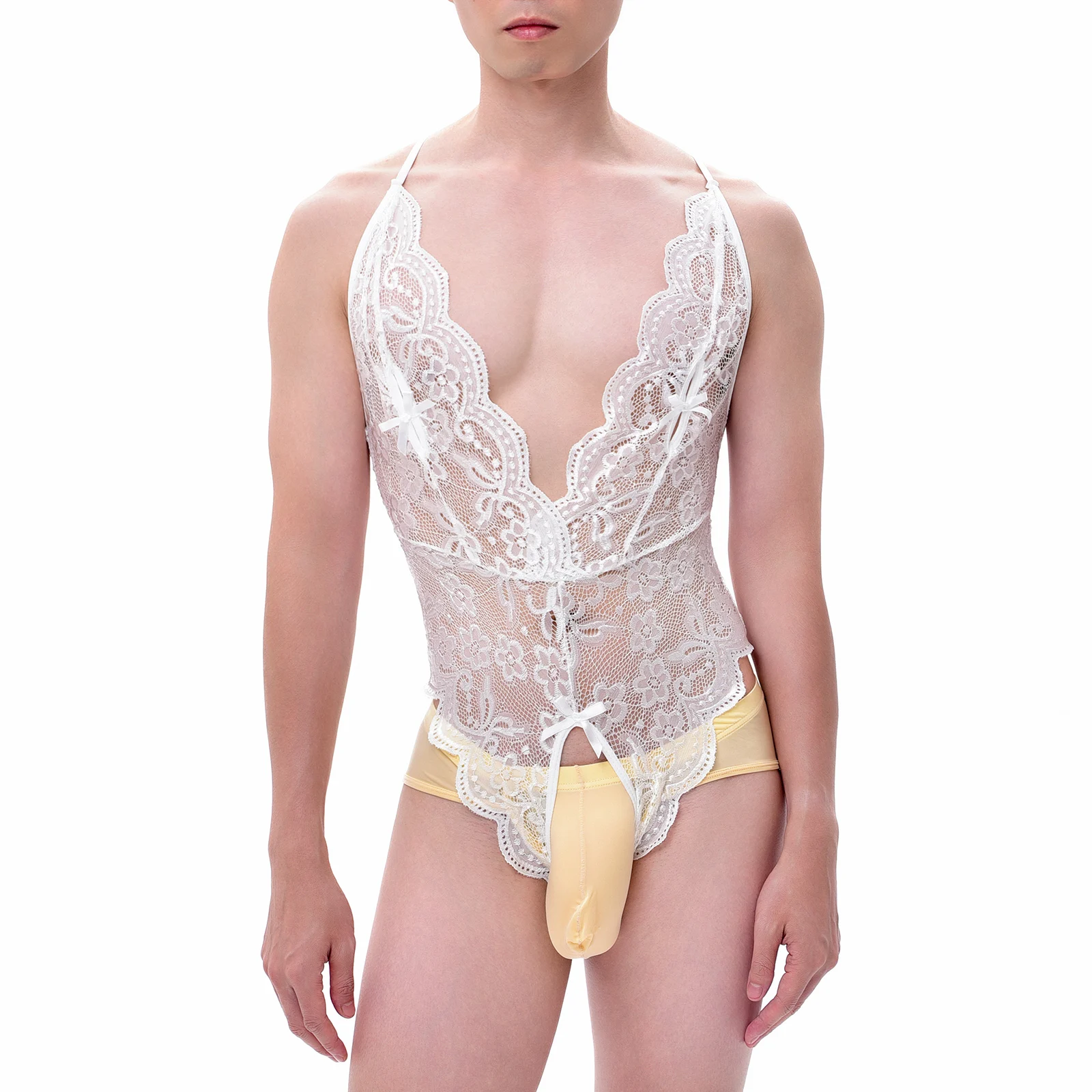 CLEVER-MENMODE Men Bodysuit One Pieces Thongs Sexy Leotard Lace Crossdress Transparent Sissy Open Penis Pouch Lingerie Underwear