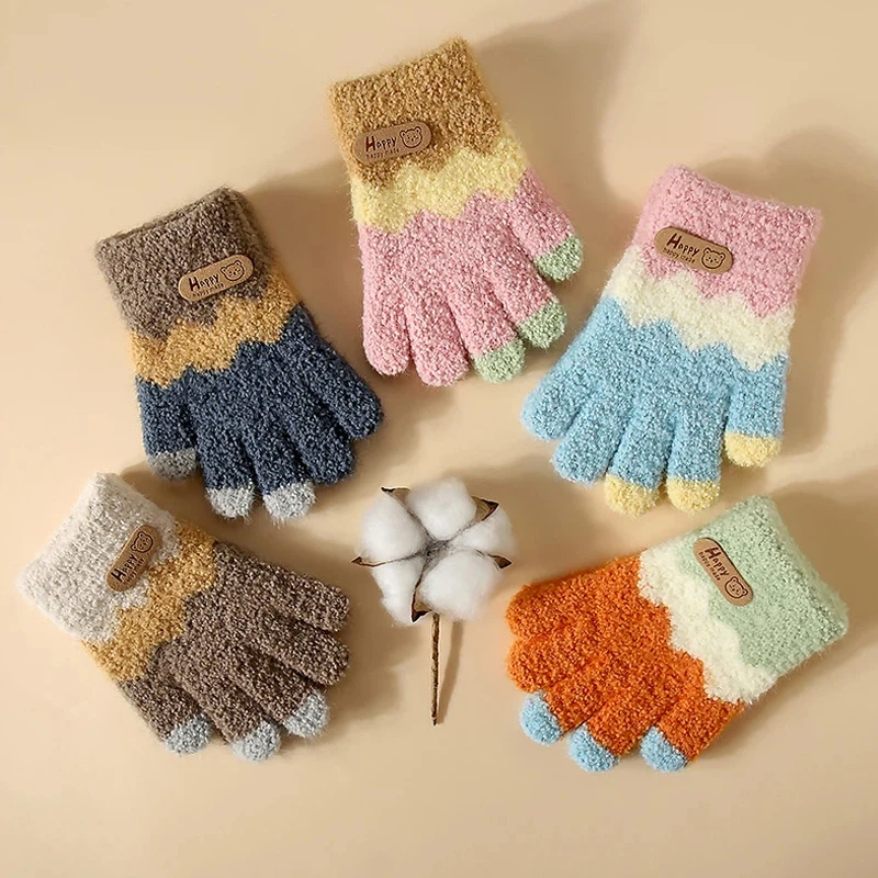 2-5 Year Old Winter Knitted Plush Cartoon Children's Gloves Cold Resistant Full Finger Gloves Cute Teddy Bear Woolen Warm Gloves