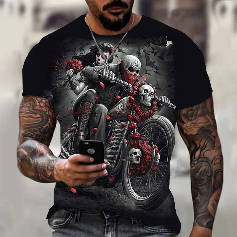 

Vintage Trend T-shirt for Men 3D Skull Motorcycle Rider Print Short Sleeve Top Summer Casual T-shirt Oversized T-shirt Men Round