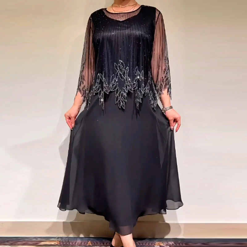 Dame O Neck Mesh Patchwork Lose Kleid Herbst Vintage Stickerei Einfarbig Party Kleid Lässig Hohe Taille Pendeln Langes Kleid