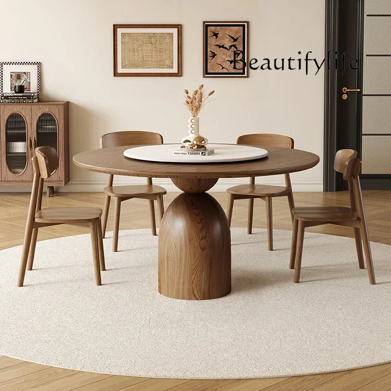 N Retro style ash wood grain solid wood round dining table and chairs French medieval round table with turntable household