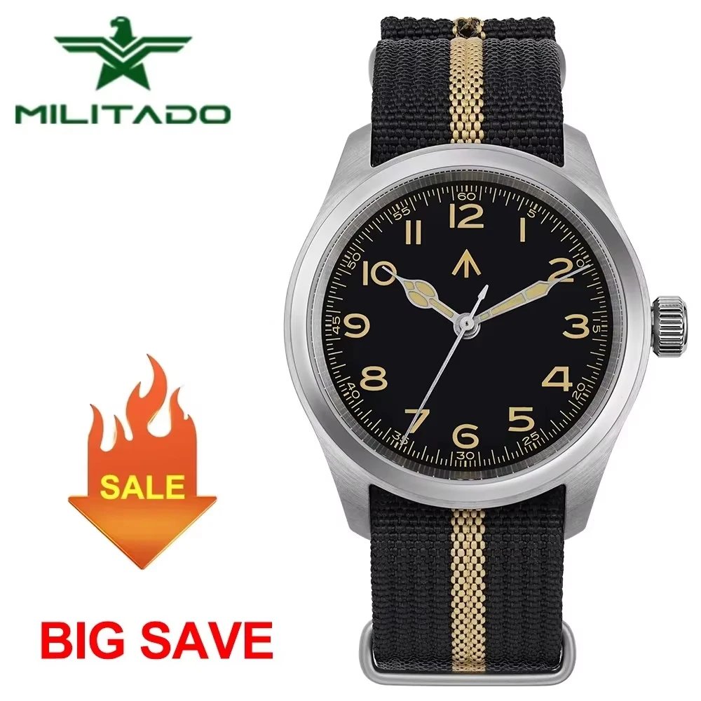 

Militado ML08 Мужские военные часы VH31 Кварцевый механизм Сапфировые светящиеся водонепроницаемые часы 38 мм Винтажные часы из нержавеющей стали