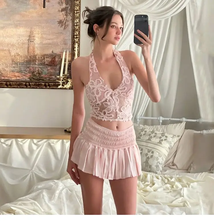 

Hot girl style pink lace sheer neckline top with high waist pleated skirt two-piece set summer fashion trend women's clothing