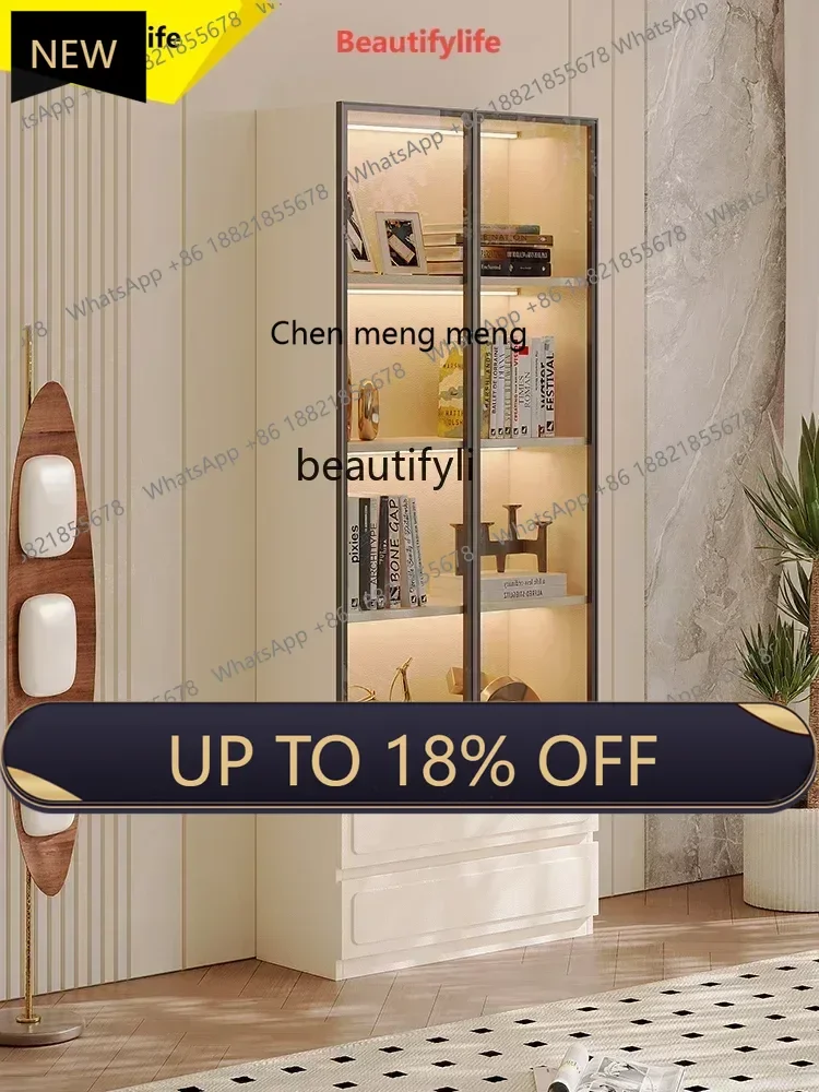 

P178 Glass, living room display, storage, magazine cabinet, high vertical cabinet, cream wind with door, lattice cabinet booksh