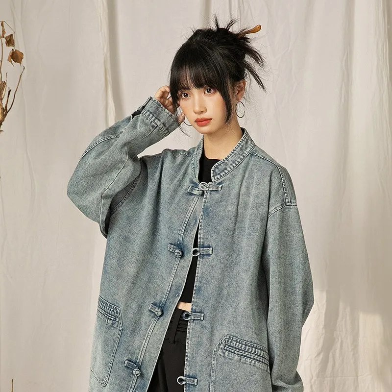 

Джинсовая куртка свободного кроя в стиле ретро в китайском стиле с воротником-стойкой и пуговицами для мужчин, зимняя деловая повседневная длинная све