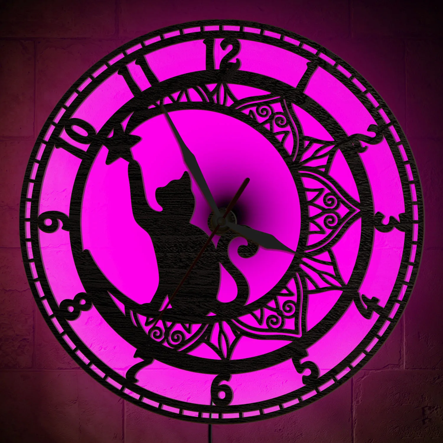 Cat On Moon Mandala LED Lighting Wall Clock Celestial Cat Bohemian Home Decor RGB Color Changing Night Light Wooden Wall Clock