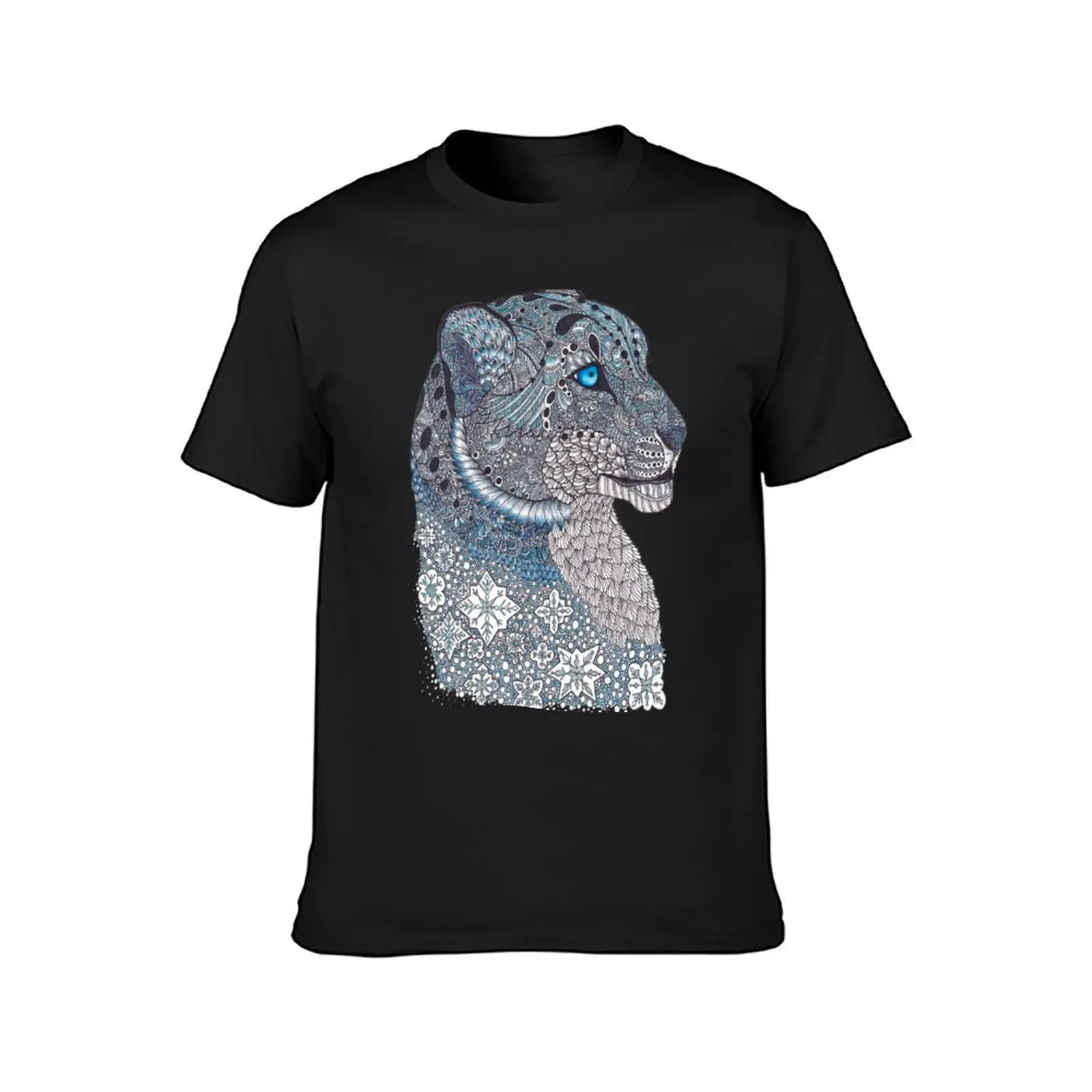 Blue Zentangle Snow Leopard and Snowflakes T-Shirt shirts graphic tees sublime summer tops Short sleeve tee men