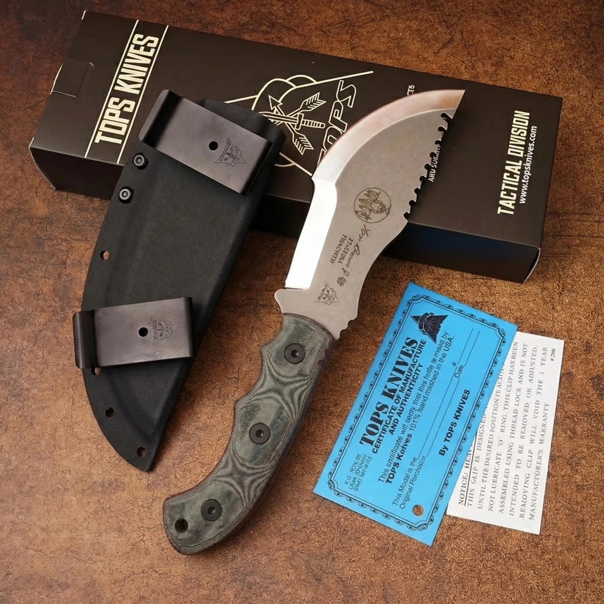 TOPS Tracker Survival Knife Large Size – 154CM Steel Blade, Micarta Handle, KYDEX Sheath (Tom Brown Design)