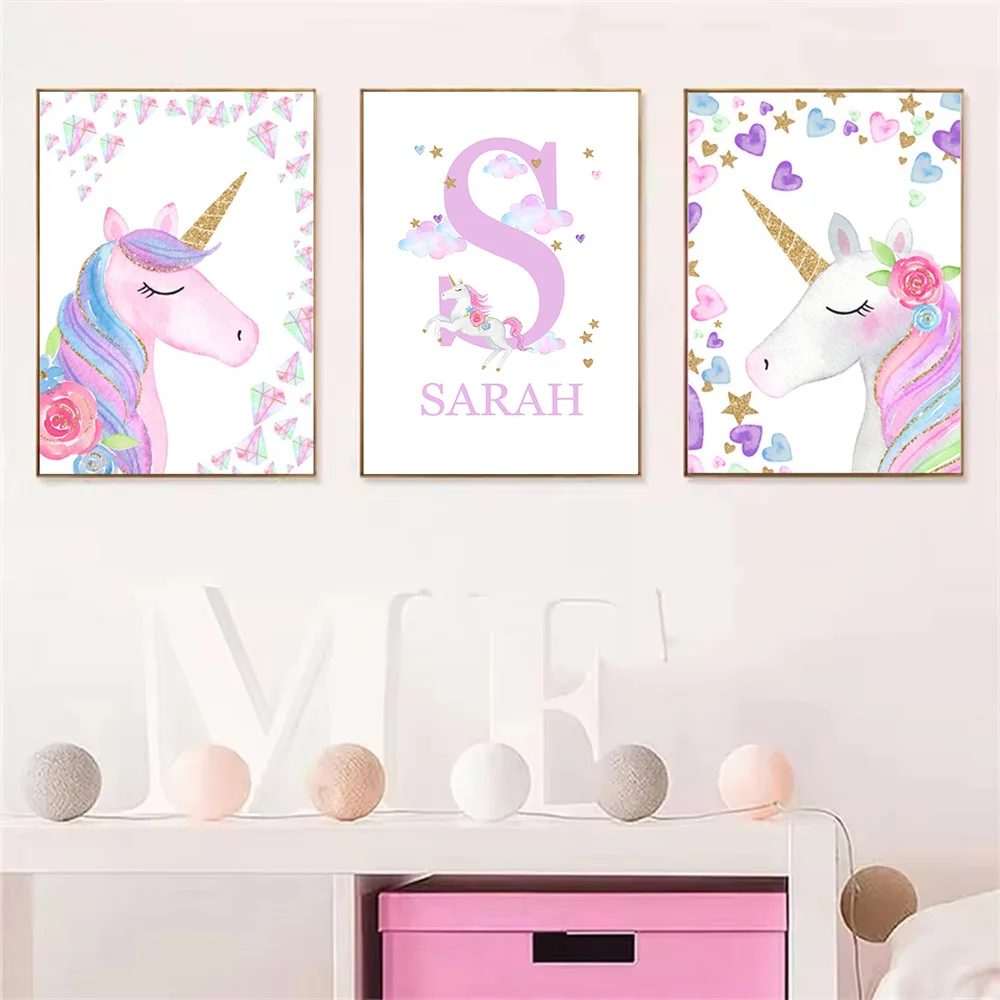 Cartoon Unicorn Wall Art Prints Baby Nursery Poster Purple Personalized Custom Name Canvas Painting Picture Kids Room Decoration