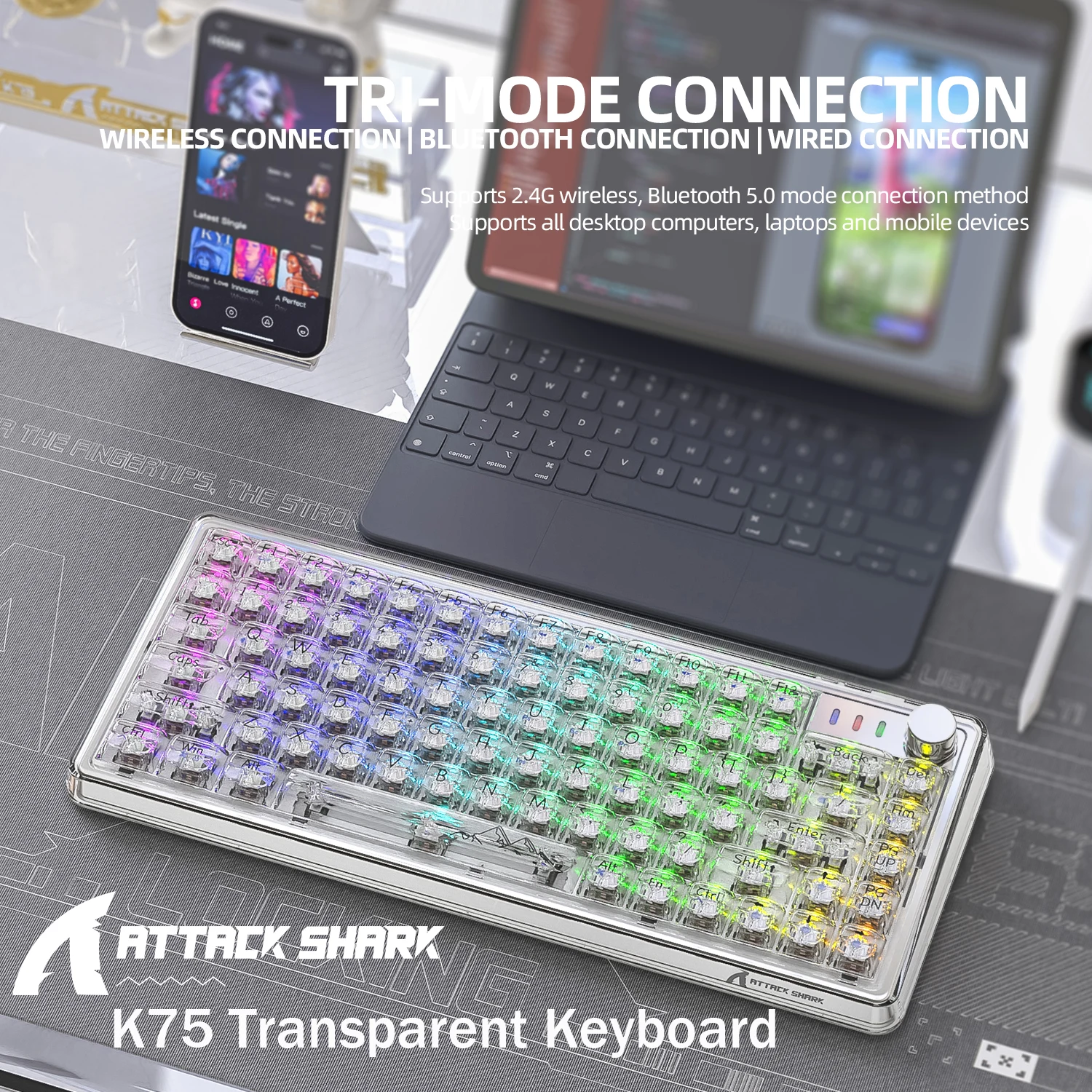 

Attack Shark K75 RGB Transparent Keyboard Mechanical Bluetooth Tri-Mode Hot-Swap Keyboard Wireless for PC/Laptop,win/mac system
