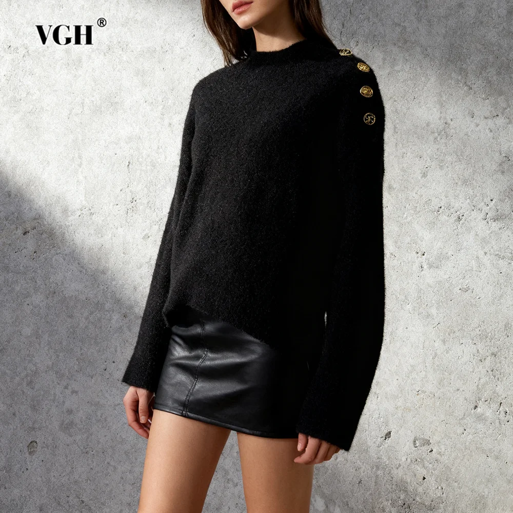 

VGH однотонные вязаные свитера на пуговицах для женщин, осенний теплый свитер с круглым вырезом и длинными рукавами, женский модный стиль, новинка