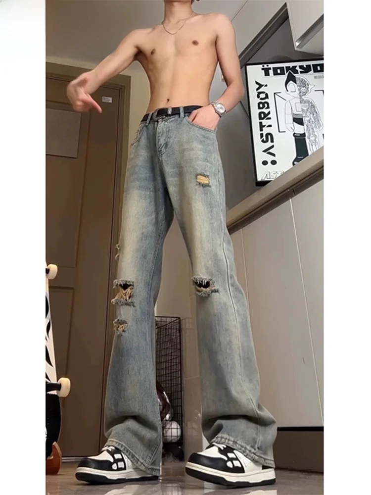 

Wassup Happy Men's Summer Thin Casual Denim Jeans Hole Punching High Street Knife Casual Flared Pants mid High Waist Straight...