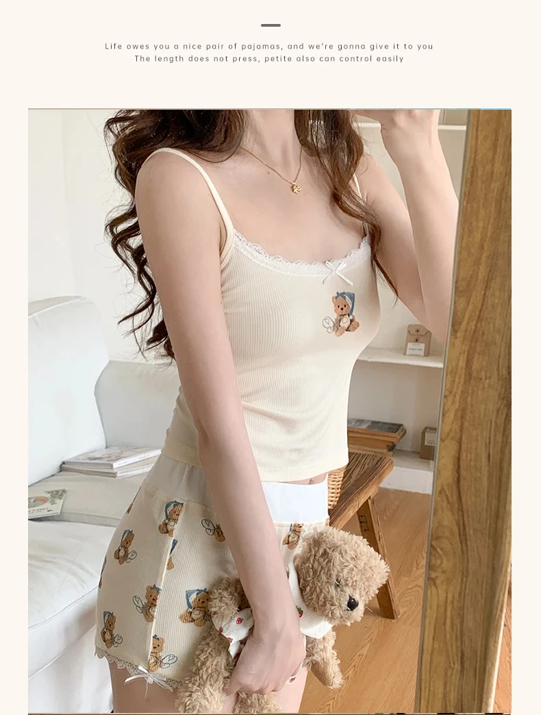 

Ночная рубашка Pure Desire с принтом медведя, женская облегающая сексуальная жилетка, комплект домашней одежды с накладкой на грудь, летняя повседневная домашняя одежда