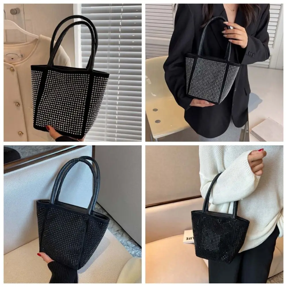 Borsa a tracolla elegante con strass luminosi alla moda Borsa quadrata classica scintillante in PU Borsa a secchiello nera di grande capacità per feste