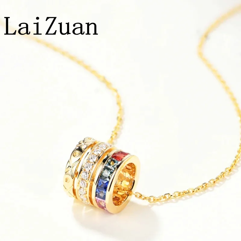 LaiZuan Solid 18k Gold Colorful Sapphire pendant Necklace Women Real Diamonds Pendant Clavicle Chain Trendy Design Jewelry Gift