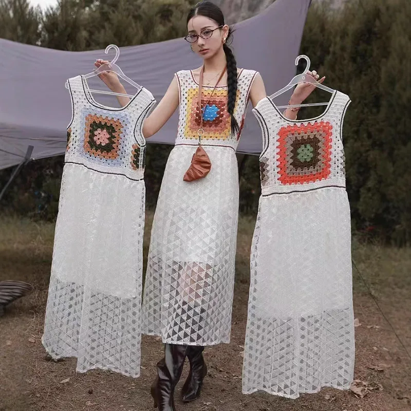 Boring Honey – robe débardeur rétro brodée à col carré, Patchwork, Design Unique et élégant à lacets pour femmes à la mode, printemps