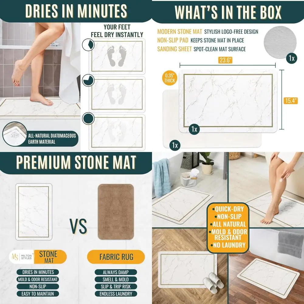 

White Marble-Patterned Diatomaceous Earth Bath Mat, 24x16 inches, Super Absorbent, Quick Dry, Easy Clean