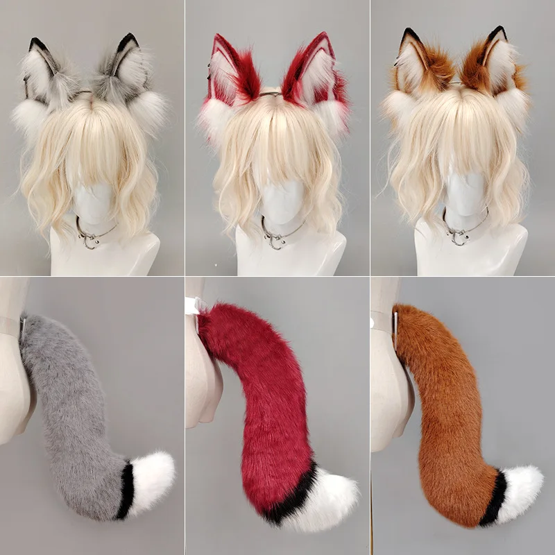 2Pcs/set Anime Plush Wolf Ears Headband with Fluffy Tail Furry Beast Girl Cosplay Prop for Anime Convention & Stage Performance