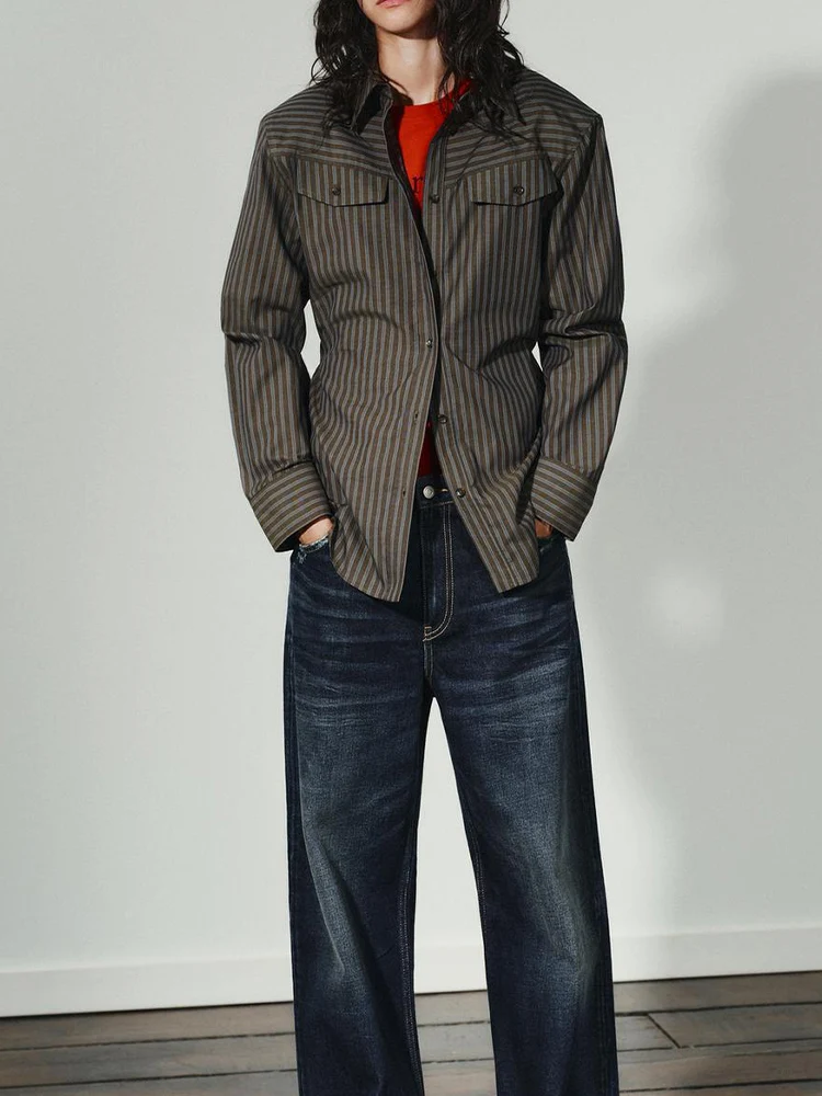 

European and American style autumn new fashion women's clothing temperament versatile striped commuter long-sleeved shirt