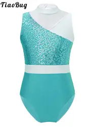 Kids Girls Stylish Clothing Sleeveless Round Neckline Sequins Decorated Patchwork Style Hollow Back Dance Leotards