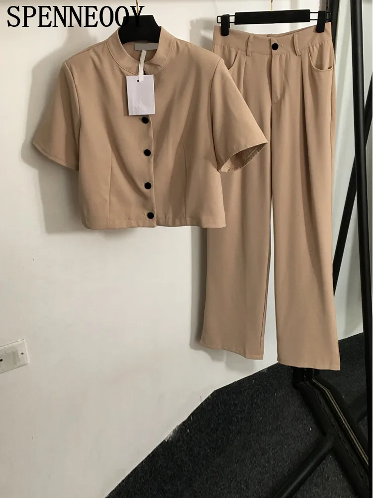 

SPENNEOOY Fashion Runway Spring Summer Khaki Color Trousers Suit Women's Stand Collar Short Sleeve Tops + Slim Wide Leg Pants