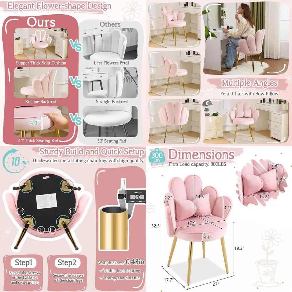 

Pink Velvet Makeup Vanity Chair with Back, Cute Girls Desk Chair, Comfortable No-Wheels, Modern Dining Chair, Small Accent Chair