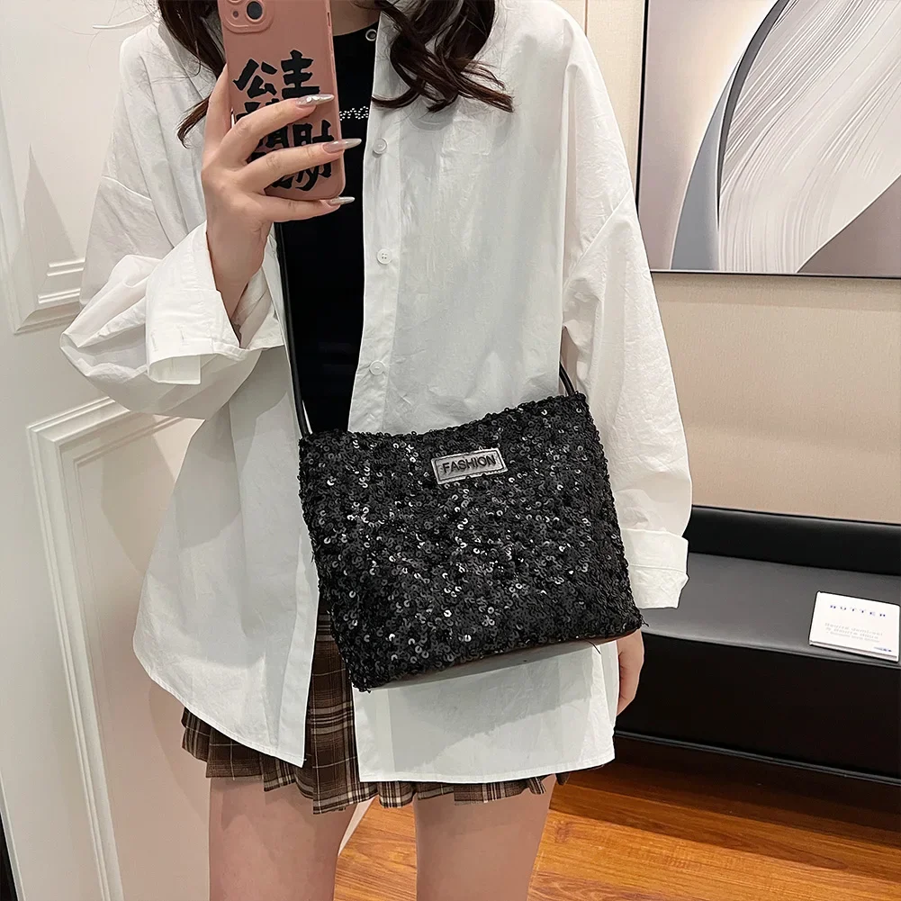 Women Shinny Crossbody Bag Solid Color Sparkling Tote Handbag Large Capacity Glitter Satchel Bag Ladies Outdoor Daily Bag