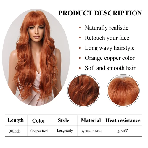 Imagen 2 del producto Pelucas sintéticas onduladas largas de jengibre y cobre naranja, peluca roja y amarilla con flequillo para mujer, pelo Natural ondulado resistente al calor para Cosplay