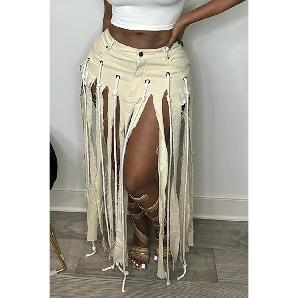 Plus Size Apricot Casual Streetwear Sexy Women Hollow Long Fringed Skirts with Pocket