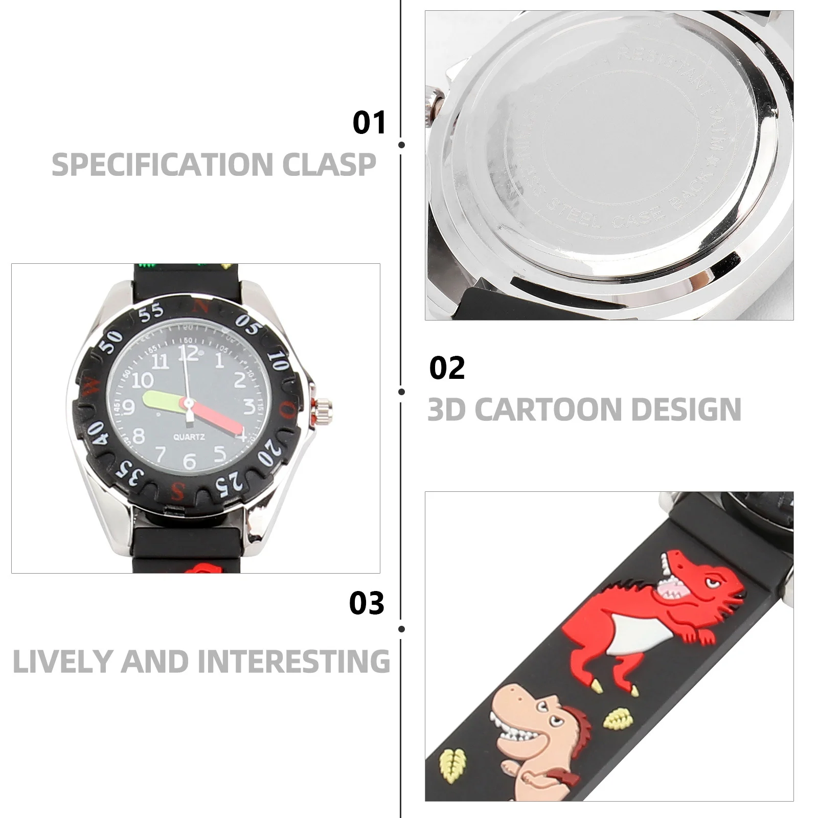 ساعة سيليكون بتصميم كرتوني ثلاثي الأبعاد مقاومة للماء بحركة كوارتز لسبائك الديناصور باللون الأسود للمدرسة الابتدائية