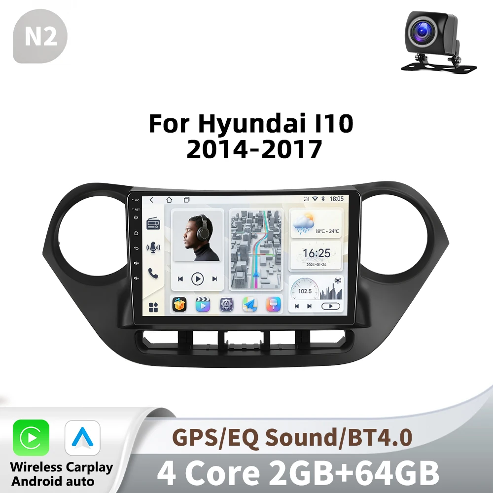 Podofo autoradio voor Hyundai I10 2014-2017 draadloze Carplay Android Auto multimediaspeler 2 Din