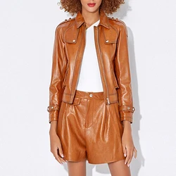 2024 New Lambskin Women's Real Leather Short Jackets Fashion Lapel Collar Zipper Female Imported Sheepskin Slim Casual Jackets