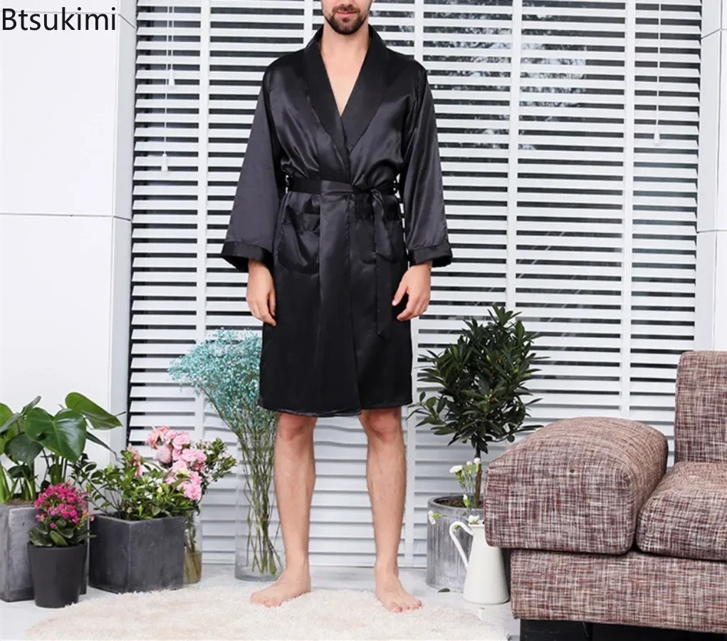 2024 Men\'s Summer Thin Pajamas Robes Men\'s Homewear Long Sleeve Kimono Bathrobe Black Silk Satin Sleepwear Male Lounge Nightwear