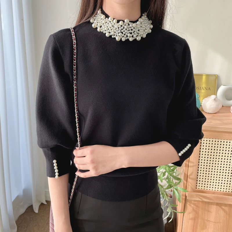

Retro Heavy Pearl Design Loose Casual Chic Autumn New Sle Women's Long Sve Sweater f High Collar Faionable All-Match