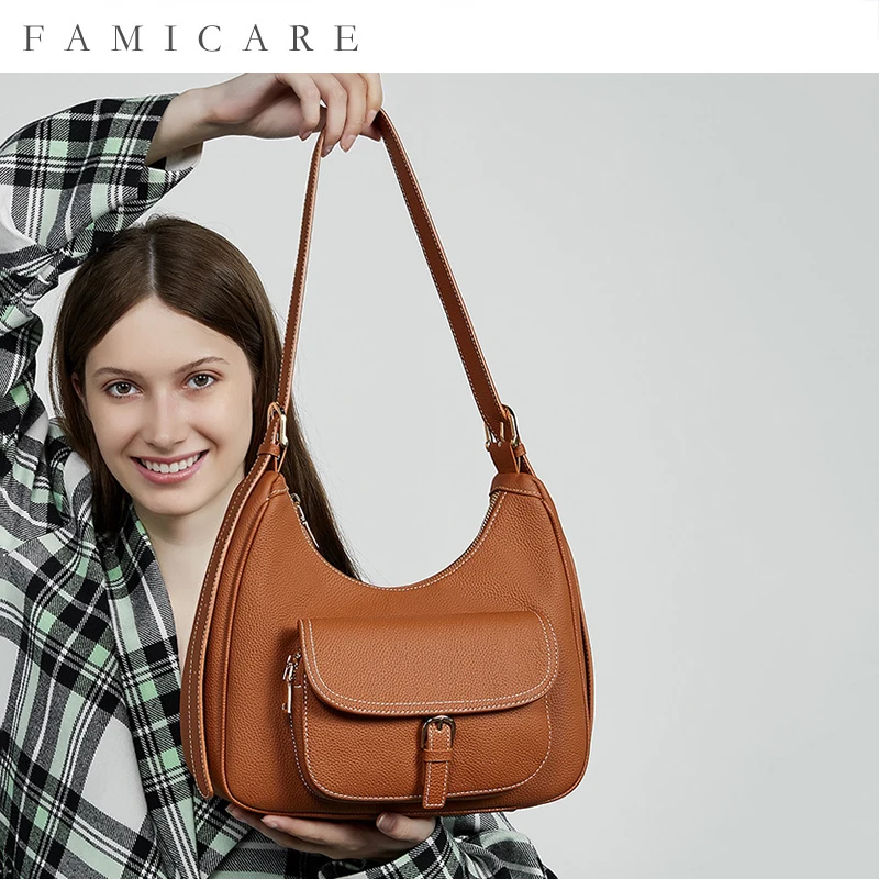 

New Women's Large Capacity Saddle Bag Ladies Fashionable Commuting Underarm Tote Handbag Girls Top Layer Cowhide Shoulder Bags