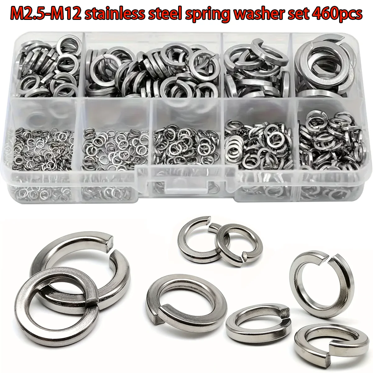 460PCS Rondelle di bloccaggio a molla in acciaio inossidabile Rondelle a molla aperte M2 M2.5 M3 M4 M5 M6 M8 M10 M12 Rondelle piatte, Rondelle a molla