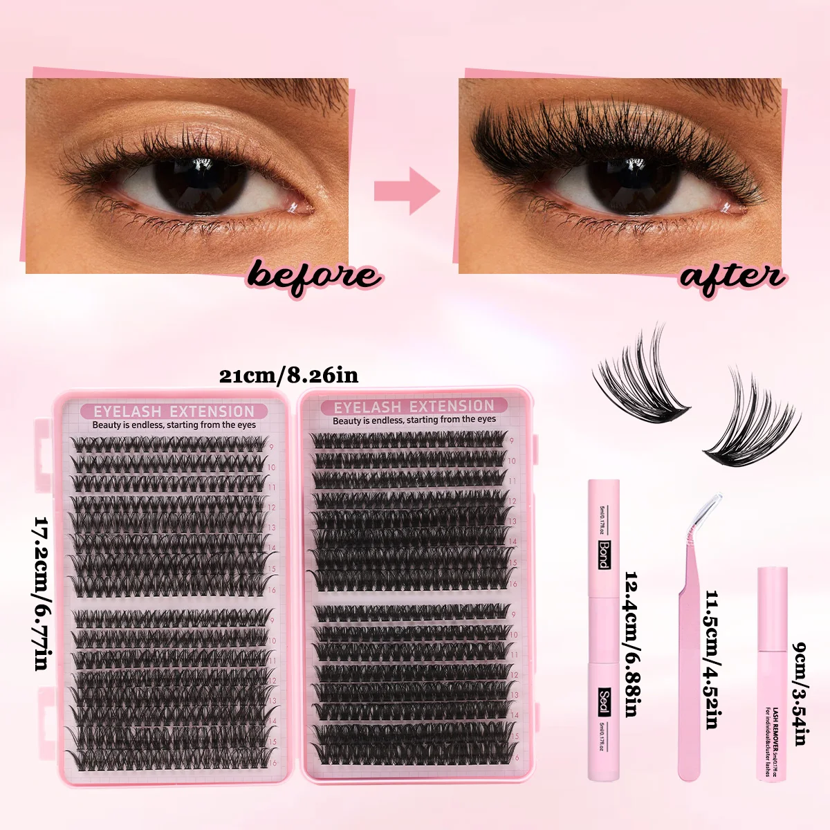 DIY Wimpernverlängerungsset, Wimperncluster-Set, natürliche C-Locken-Cluster, individuelles Wimpern-Set mit Wimpernbindung und Siegelpinzette