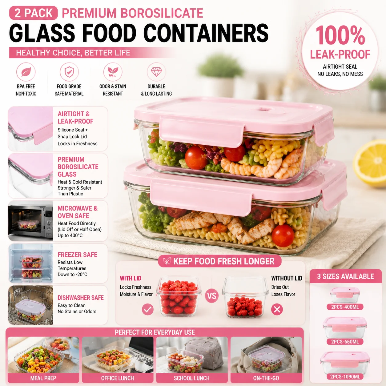Meal Prep Healthy Lunch - 2 Stück Glas-Lebensmittelbehälter aus Borosilikatglas, Auslaufsichere