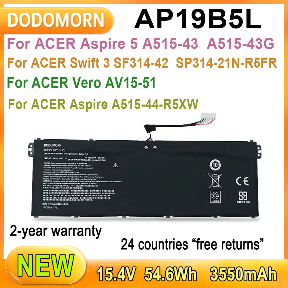 

Новый аккумулятор AP19B5L для ноутбуков ACER Aspire 5 A515 - 43 A515 - 43G Swift 3 SF314 - 42 SP314 - 21N - R5FR Vero AV15 - 51 A515 - 44 - R5XW 15.4V