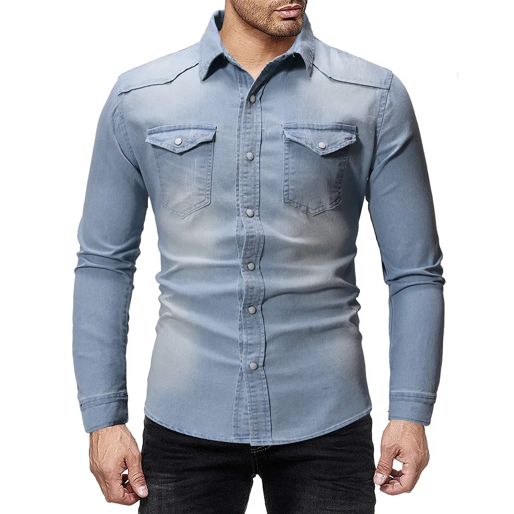 Men Denim Shirt Cotton Jeans Overshirt Slim Fit Long Sleeve Stylish Gray Washed Cowboy Shirts Tops M-3Xl