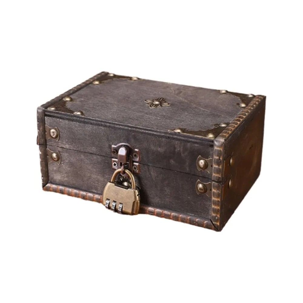 Vintage Multifunctional Treasure Chest Wooden Antique Desktop Organizer Decorative Retro Style Jewelry Storage Box with a Lock
