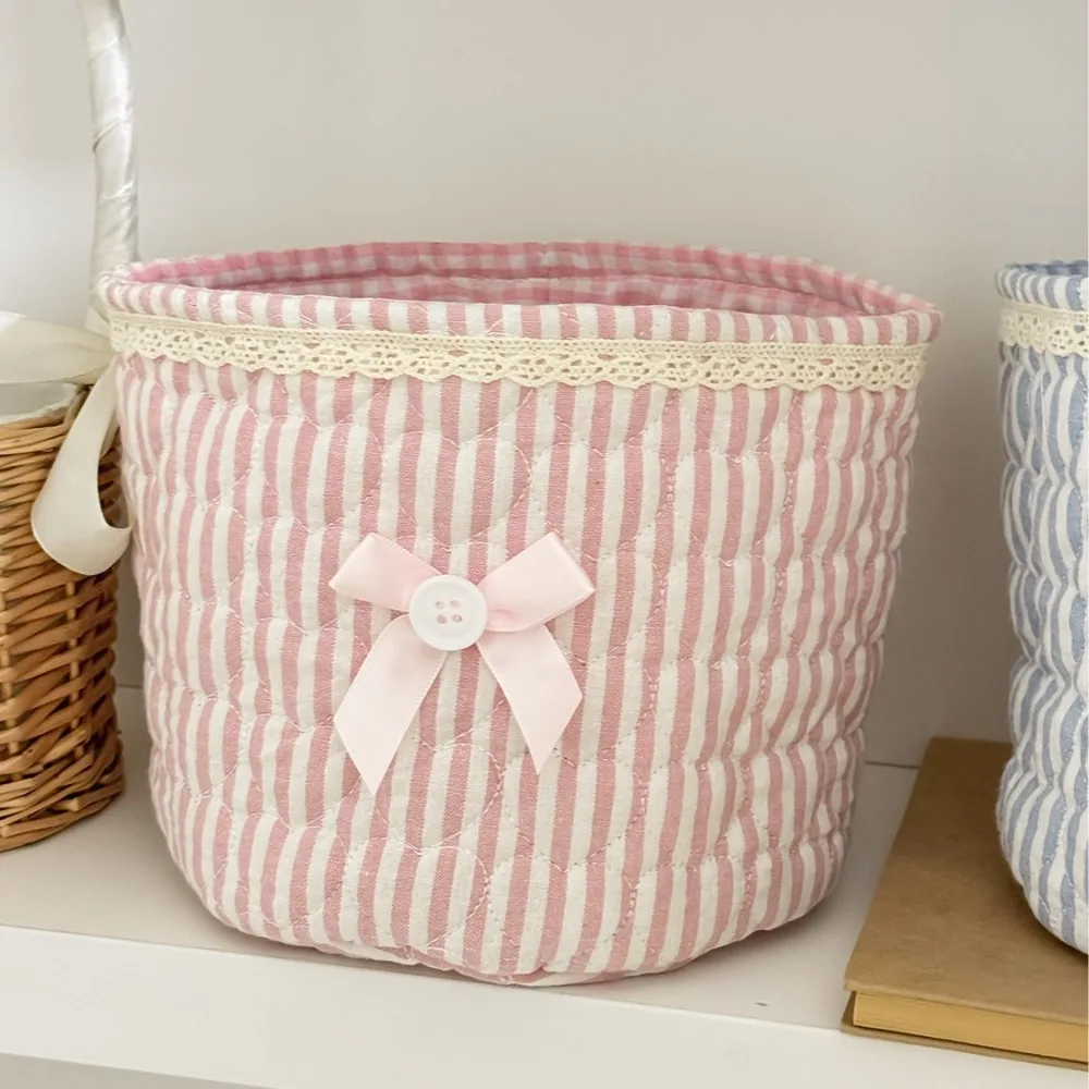 Make Up Bag Multi-Purpose Storage Basket Quilting Cotton Bow Desk Organizing Bag INS Lace Decor Storage Bag Nursery Room